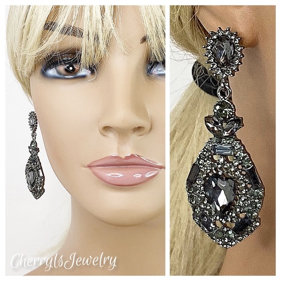Prom Pageant Bridal Jewelry - Charcoal Crystal Chandelier Occasion Earrings